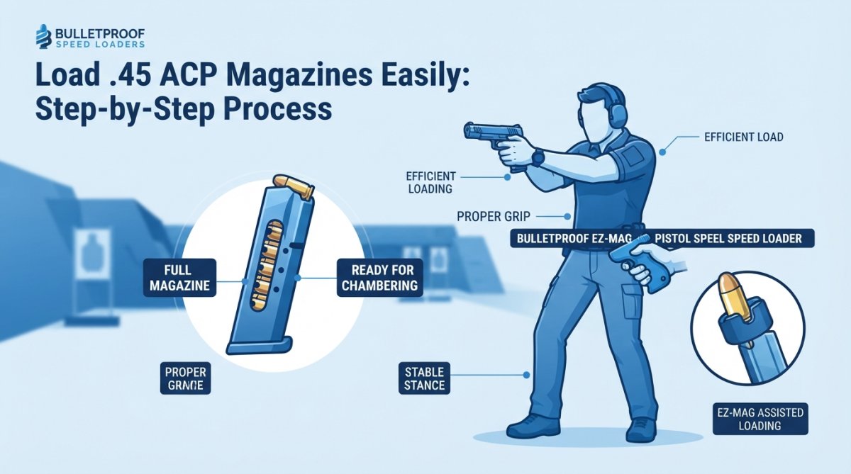 Shooter at the range with speed loader in hand, magazine fully loaded and ready for chambering, showing proper grip and stance with focus on the loaded magazine