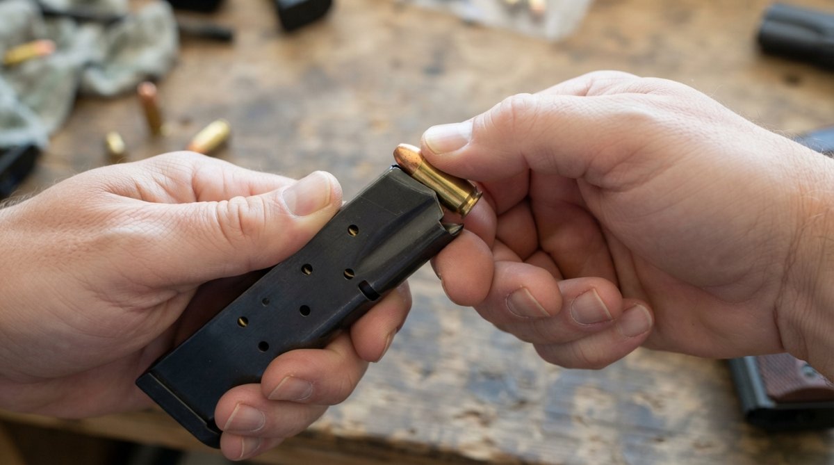 Close-up of hands demonstrating proper cartridge seating technique on a .45 ACP magazine, showing correct finger positioning and thumb angle with natural lighting