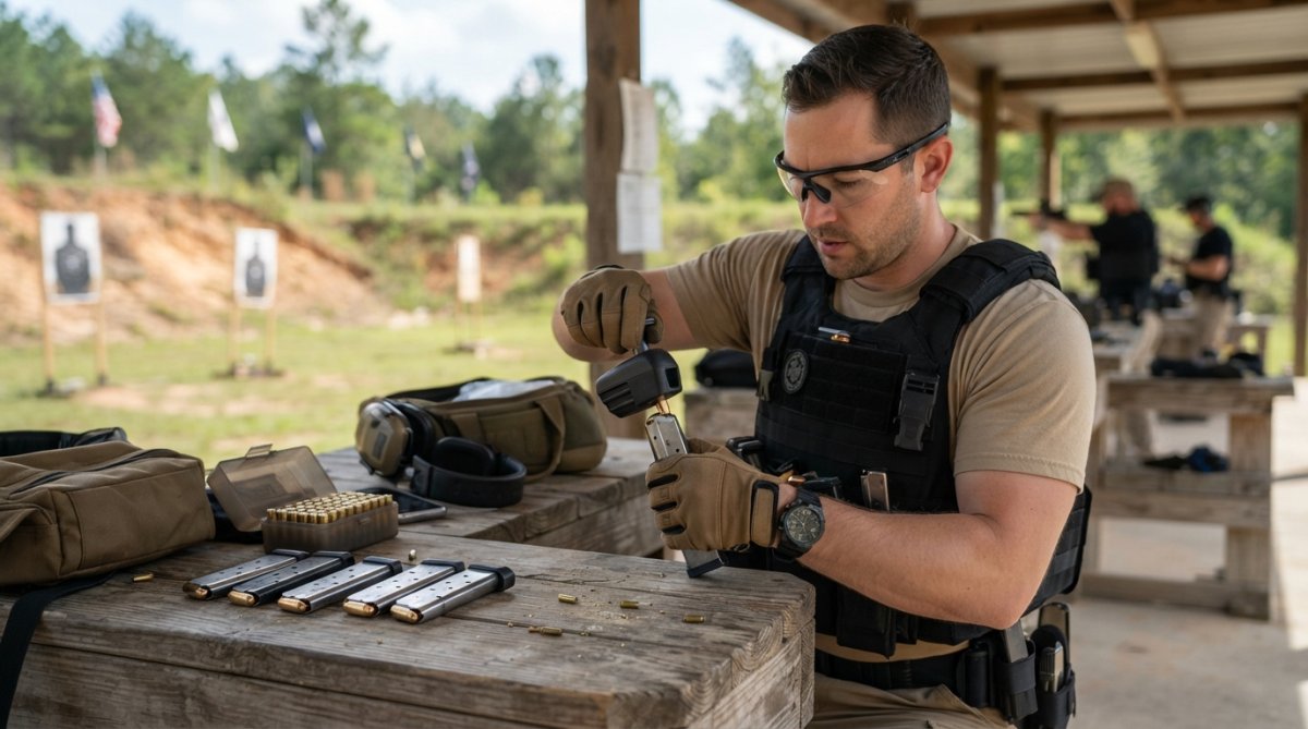 Competitive shooter at outdoor range using a tactical speed loader to efficiently load multiple magazines, with natural daylight and range equipment visible