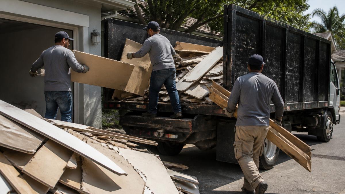Professional contractor team loading mixed construction debris, drywall sheets, and lumber into a hauling truck at a residential job site in bright afternoon sunlight