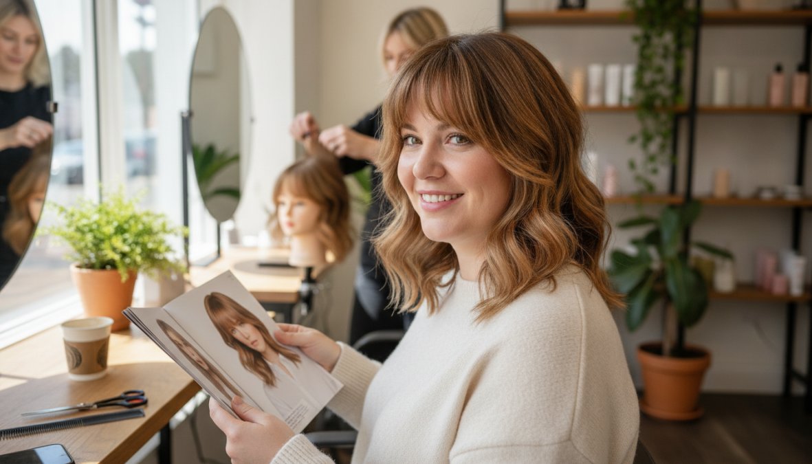 Donna con viso tondo che indossa un lob scalato con frangia a tendina, vista frontale, capelli mossi con movimento naturale, illuminazione naturale da finestra