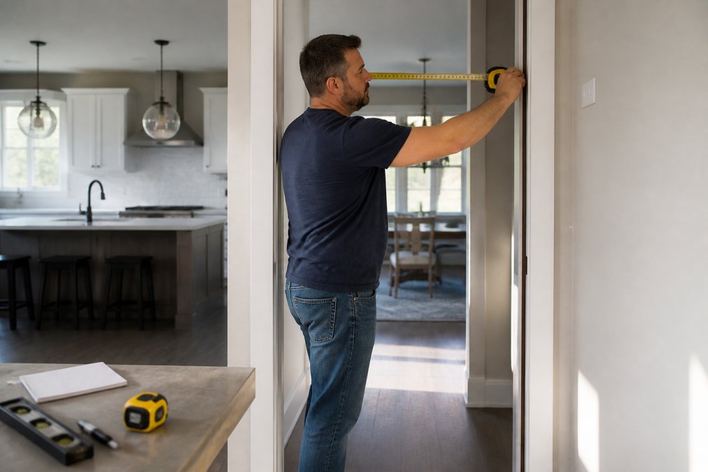 Homeowner measuring doorway with tape measure before appliance delivery, modern kitchen with open floor plan, natural daylight from windows