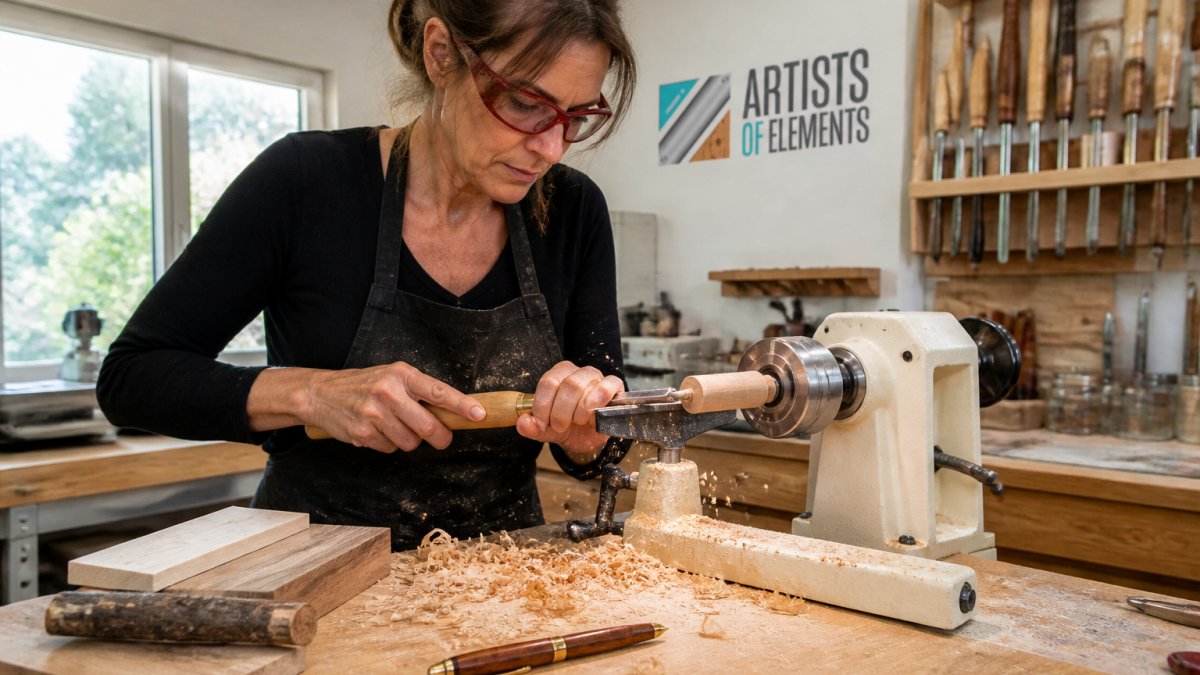 Hands-on pen turning workshop at Artists of Elements in St. Petersburg, Florida, using a wood lathe to create a custom wooden pen.