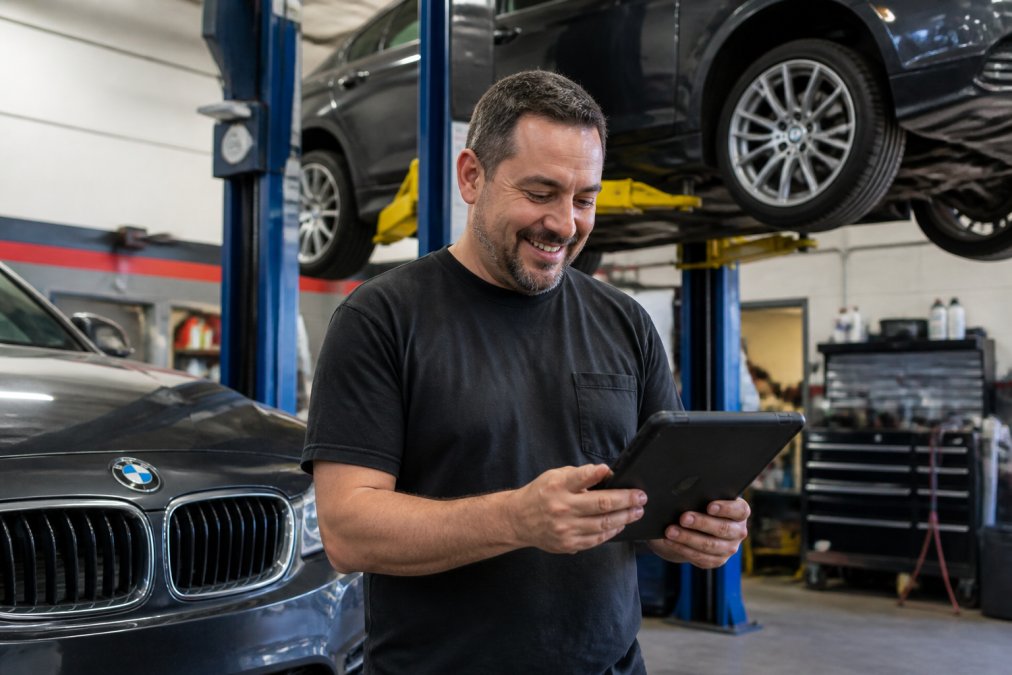 Smiling mechanic reviewing auto repair service pricing on a tablet beside a BMW in a modern Boynton Beach shop