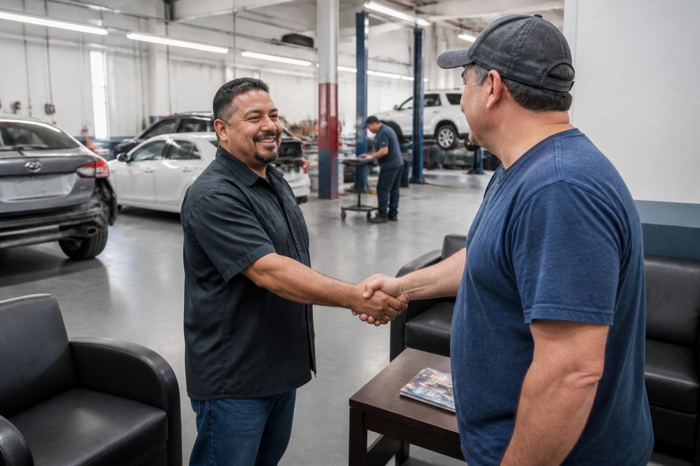Friendly shop owner shaking hands with a customer at a local auto repair business in a clean waiting area.