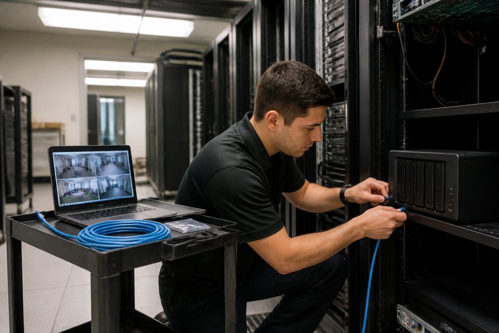 A security technician in a server room connecting a network attached storage device to a rack, Ethernet cables coiled nearby, a laptop on a cart showing surveillance footage on screen, overhead fluorescent lighting