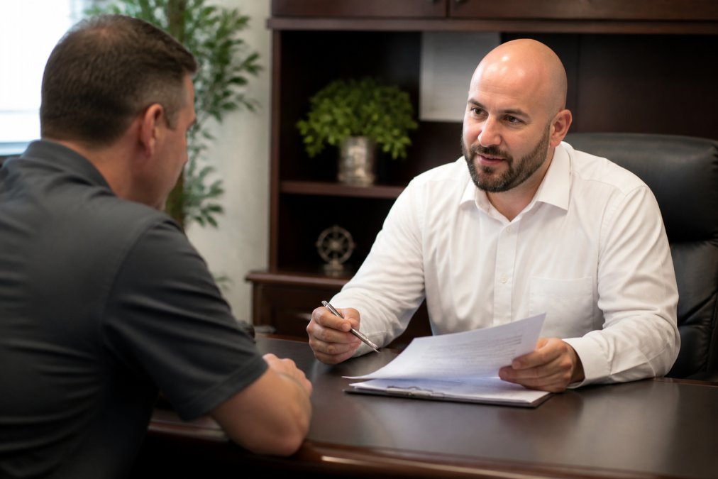 Professional bail bondsman sitting across from a client at a desk in a well-lit office, reviewing documents and explaining paperwork with a reassuring expression