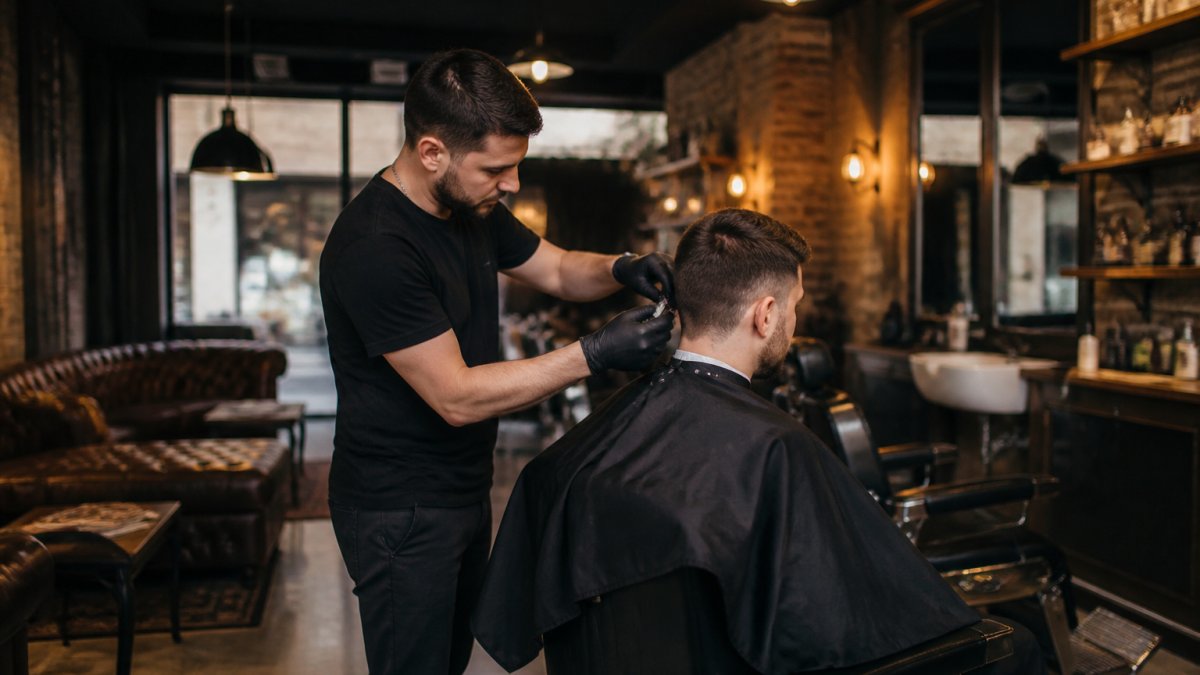 Professional barber working on client in modern barbershop with warm lighting, comfortable leather seating, and welcoming atmosphere