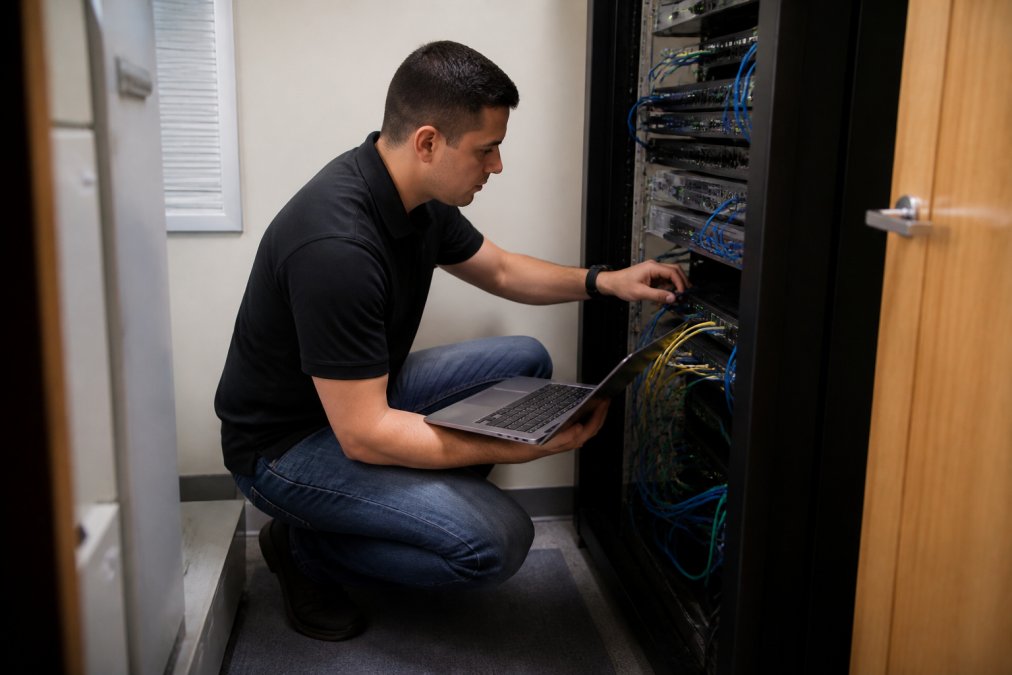 IT technician providing onsite IT support while connecting network cables to a server rack in an office closet.