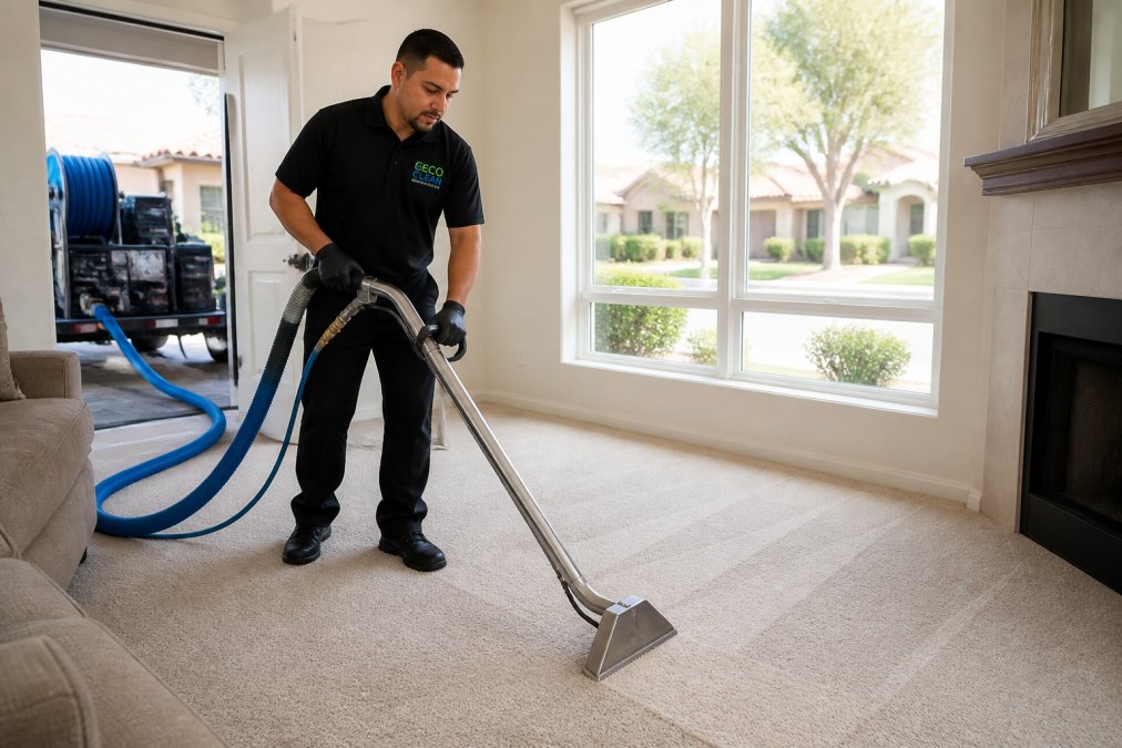 Professional carpet cleaning technician using a truck-mounted hot water extraction wand on a light-colored carpet in a bright living room with large windows and clean equipment visible