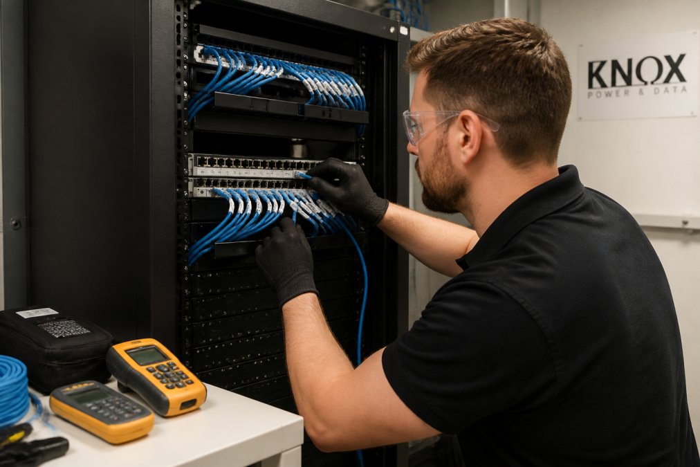 A data cabling engineer in safety glasses and gloves terminating Cat6 cables into a patch panel inside a comms cabinet, with labelled cables and testing equipment visible on a nearby shelf