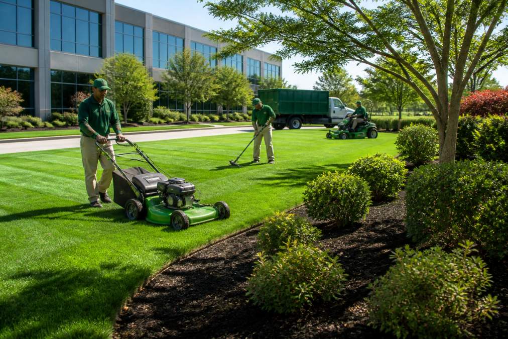 A commercial landscaping crew in matching uniforms mowing and trimming a large office park lawn on a sunny day, with a branded truck parked nearby and mulch beds freshly edged