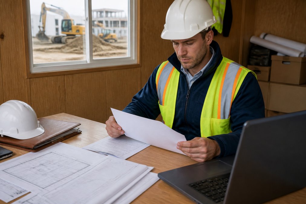 A construction project manager in a hard hat reviewing permit documents at a job site trailer desk, with site plans and a laptop visible
