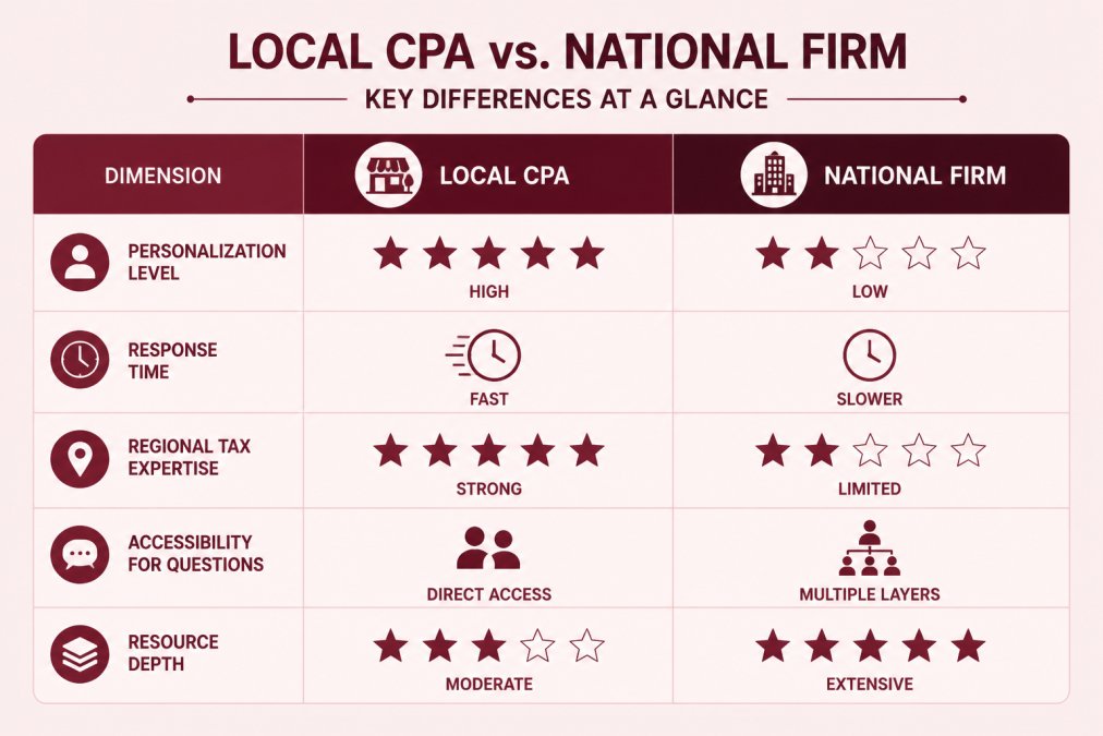 Comparison matrix showing Local CPA vs. National Firm across five dimensions: personalization level, response time, regional tax expertise, accessibility for questions, and resource depth