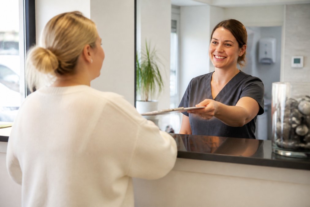 A friendly dental receptionist welcoming a patient at a modern practice front desk, with a calm and professional atmosphere