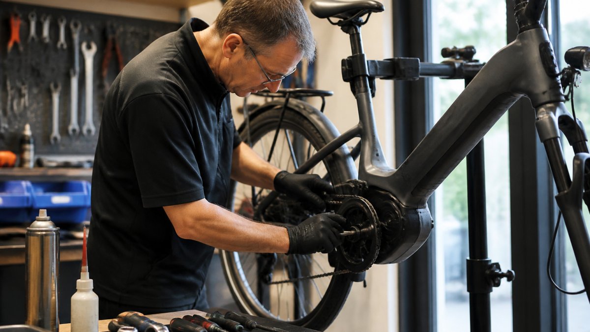 Professional technician in well-equipped workshop examining e-bike motor and drivetrain with diagnostic tools, natural workshop lighting