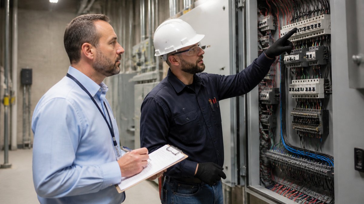 A facility manager in a commercial building holding a clipboard and inspecting an electrical panel with a licensed electrician, industrial setting, overhead lighting