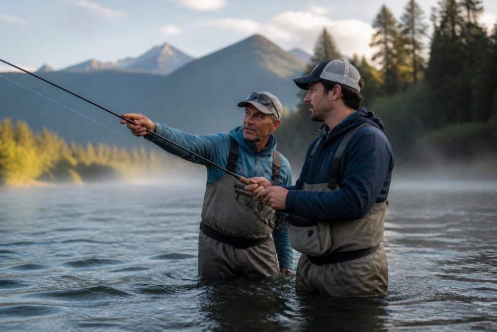 Professional fly fishing guide standing in a river alongside a student angler, demonstrating proper casting technique with rod held at correct angle, morning mist rising from the water, mountains visible in background