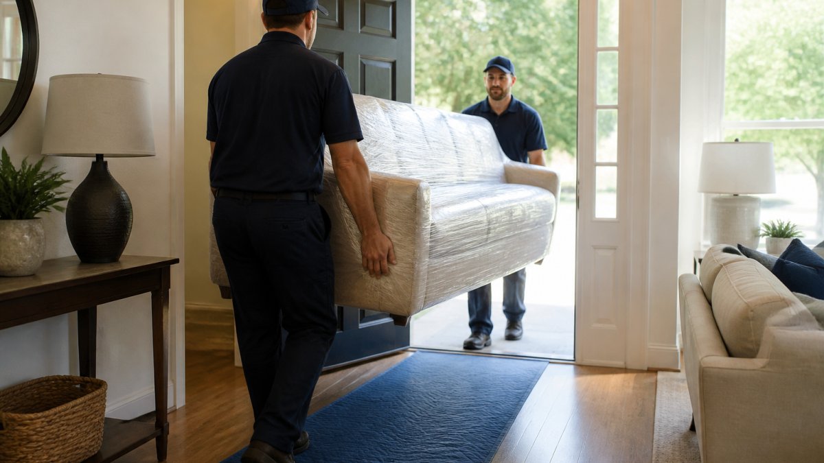 Uniformed team providing local furniture delivery by carefully moving a wrapped sofa into a living room.