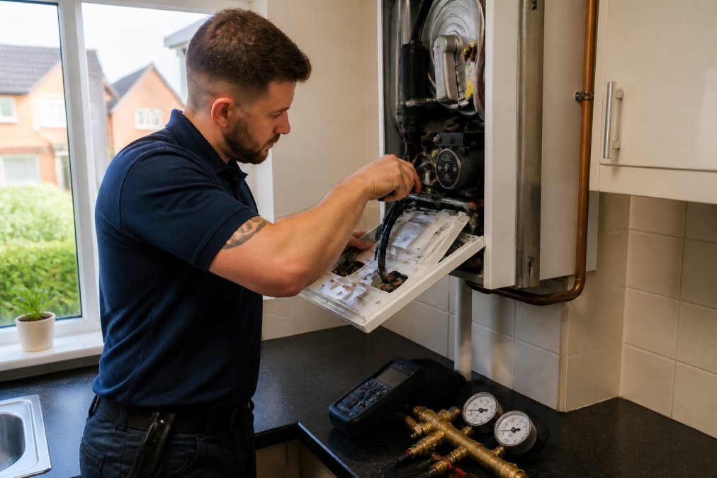 Professional heating engineer in uniform checking a boiler system in a residential kitchen, with diagnostic tools and gauges visible on the work surface, natural daylight from window