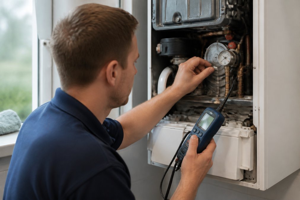 Close-up of Gas Safe registered engineer performing safety inspection on boiler, holding diagnostic equipment and checking pressure gauges in residential setting
