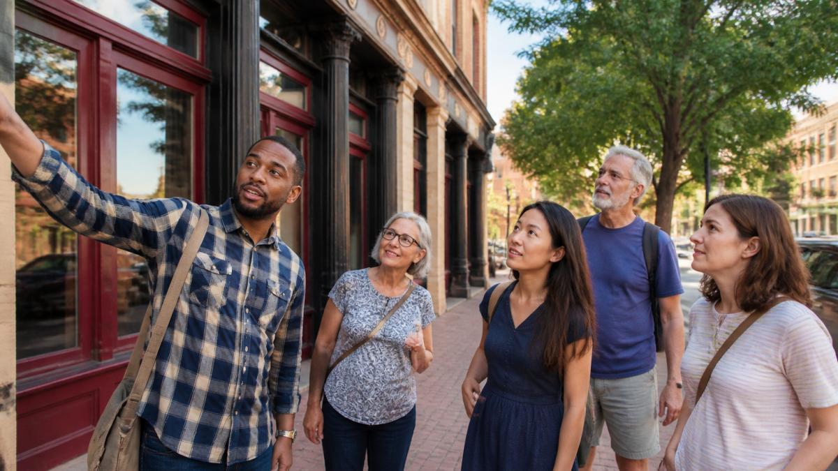 A local guide explains neighborhood history to tourists, showing why local guide vs travel apps matters.