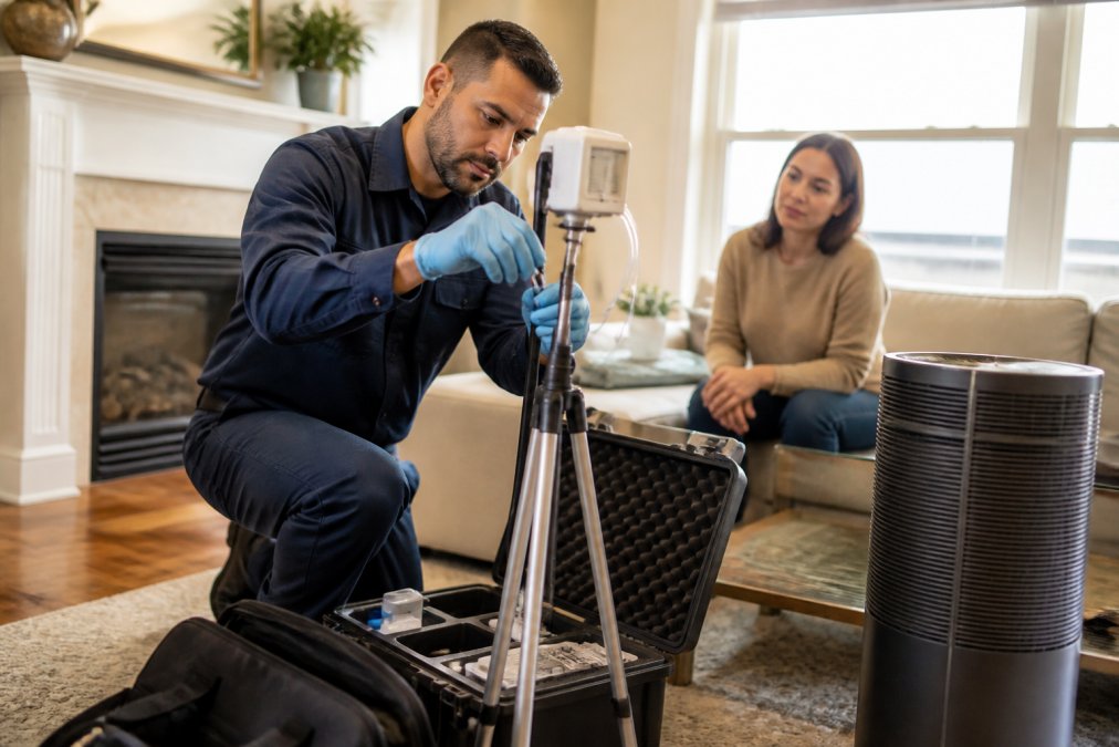 Professional HVAC technician using air sampling equipment and testing instruments in a residential living room with a homeowner observing in the background, natural window lighting