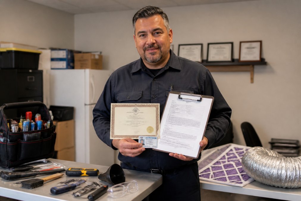 Professional HVAC technician holding certification documents and credentials with a clipboard, displaying professional licensing materials in an office setting