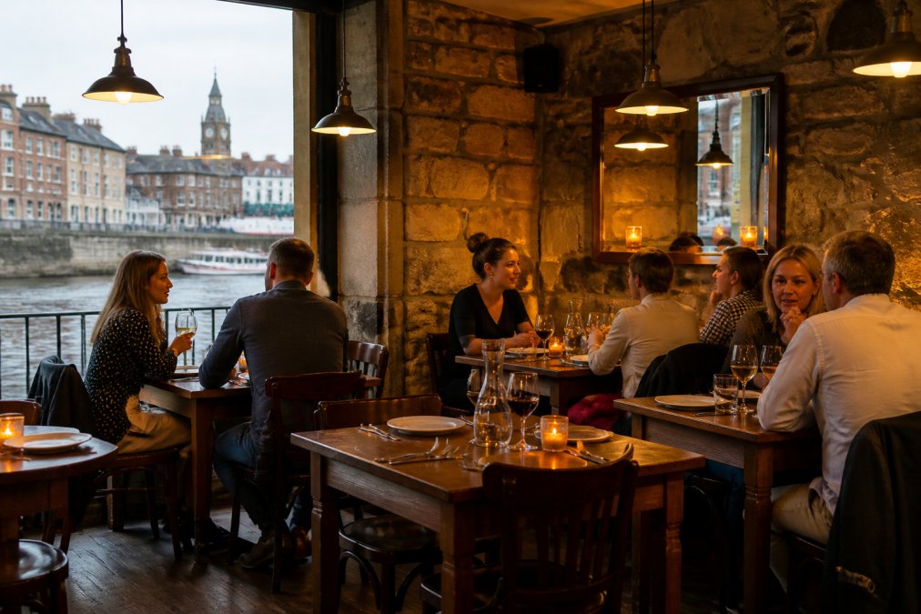 Rustic riverside restaurant interior with wooden tables, warm amber lighting, and diners enjoying meals by stone walls with historic York architecture visible through windows