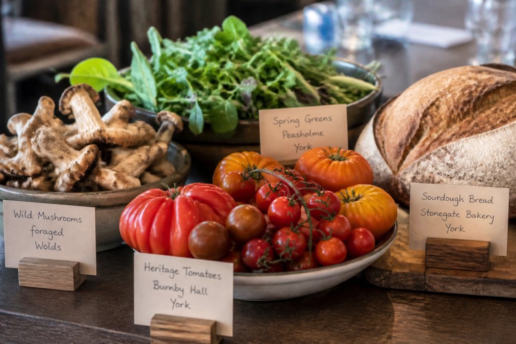 Close-up of restaurant table display featuring fresh seasonal vegetables including heritage tomatoes, wild mushrooms, spring greens, and artisan bread arranged with handwritten menu cards indicating producer names