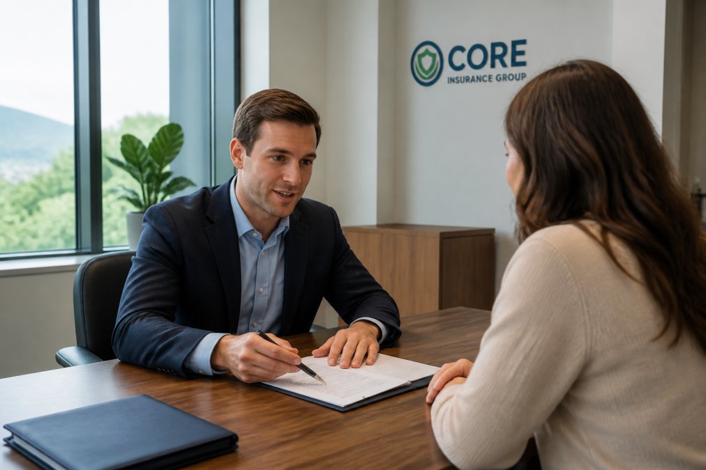 Insurance agent in professional business attire sitting at wooden desk reviewing policy documents with client across from them in modern office with natural lighting from large windows
