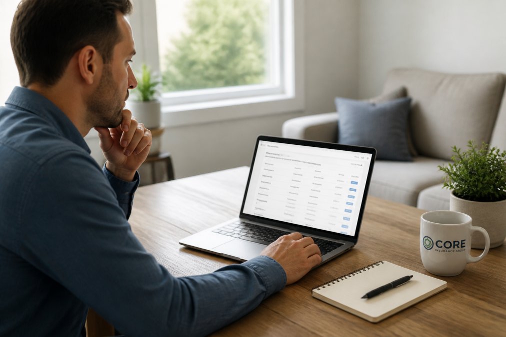 Person at home sitting at desk in natural daylight, laptop open with insurance quotes visible on screen, notepad and pen nearby for taking notes