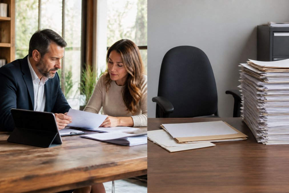 Professional insurance agent reviewing policy documents with client at wooden desk in modern office, natural light coming through windows, both focused on papers and tablet