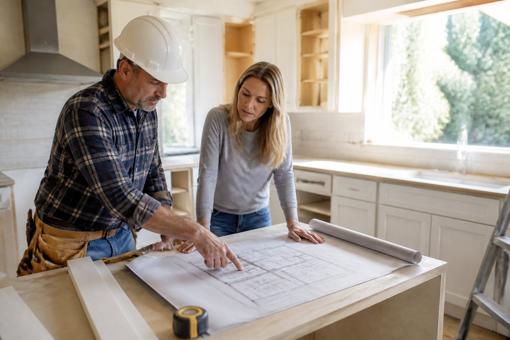 Mario Laflamme kitchen remodel contractors reviewing blueprints with a homeowner in a bright St. Albert kitchen
