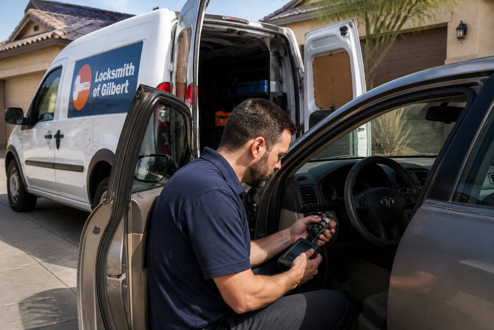 A locksmith in a work van using a handheld diagnostic tool to program a car key fob, with the vehicle's open driver door and steering column visible in a suburban driveway