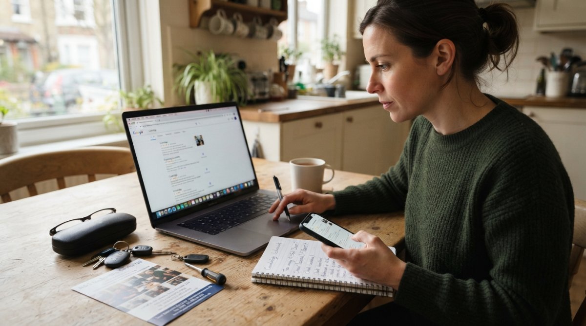 A person sitting at a kitchen table with a laptop and smartphone, comparing online reviews for locksmith services, with a notepad and pen nearby