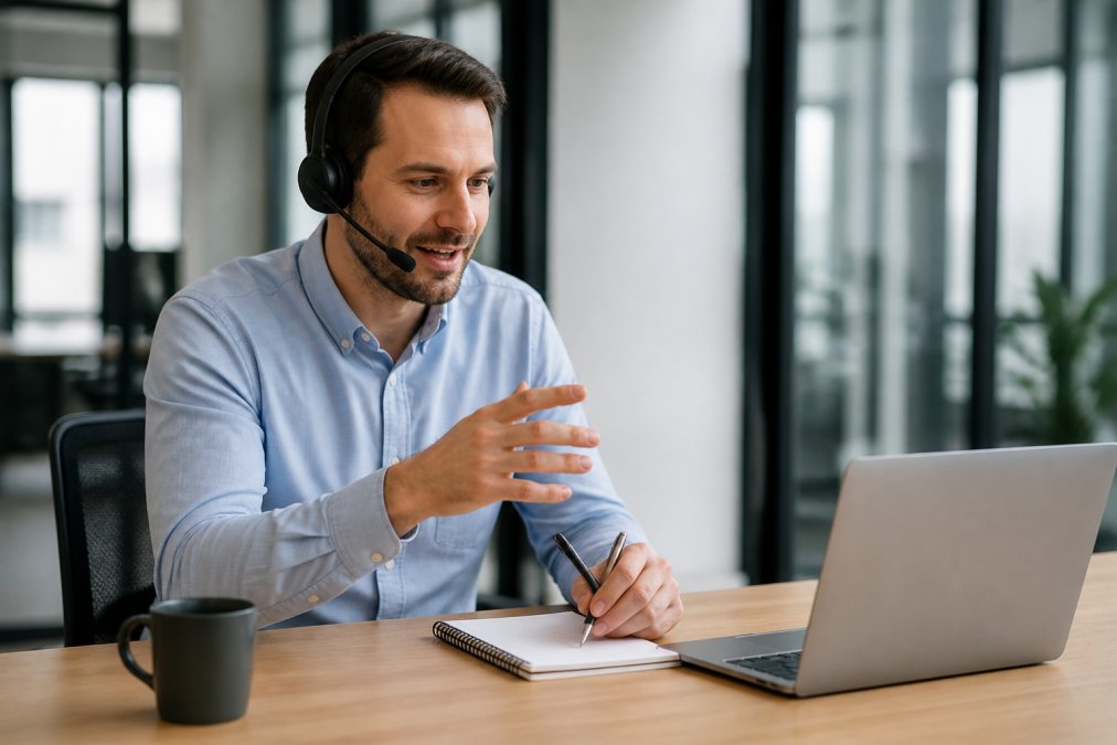 A sales professional speaking confidently on a headset at a clean desk, notepad and laptop open, in a well-lit professional office environment