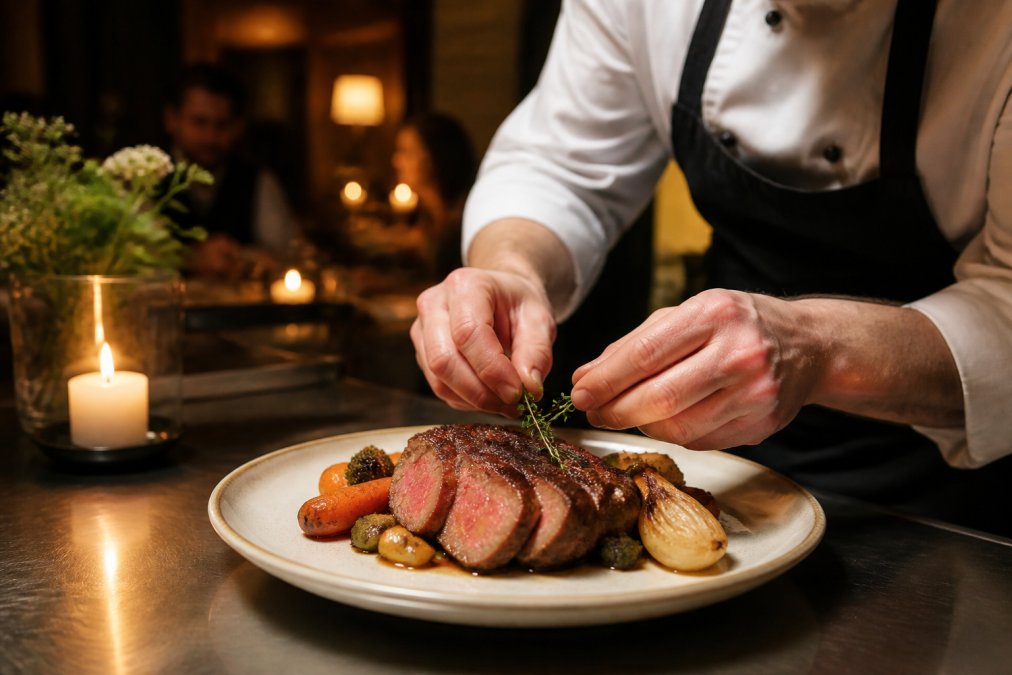 Professional chef plating a perfectly seared dry-aged steak with seasonal vegetables and fresh herbs in a warm, candlelit fine dining setting