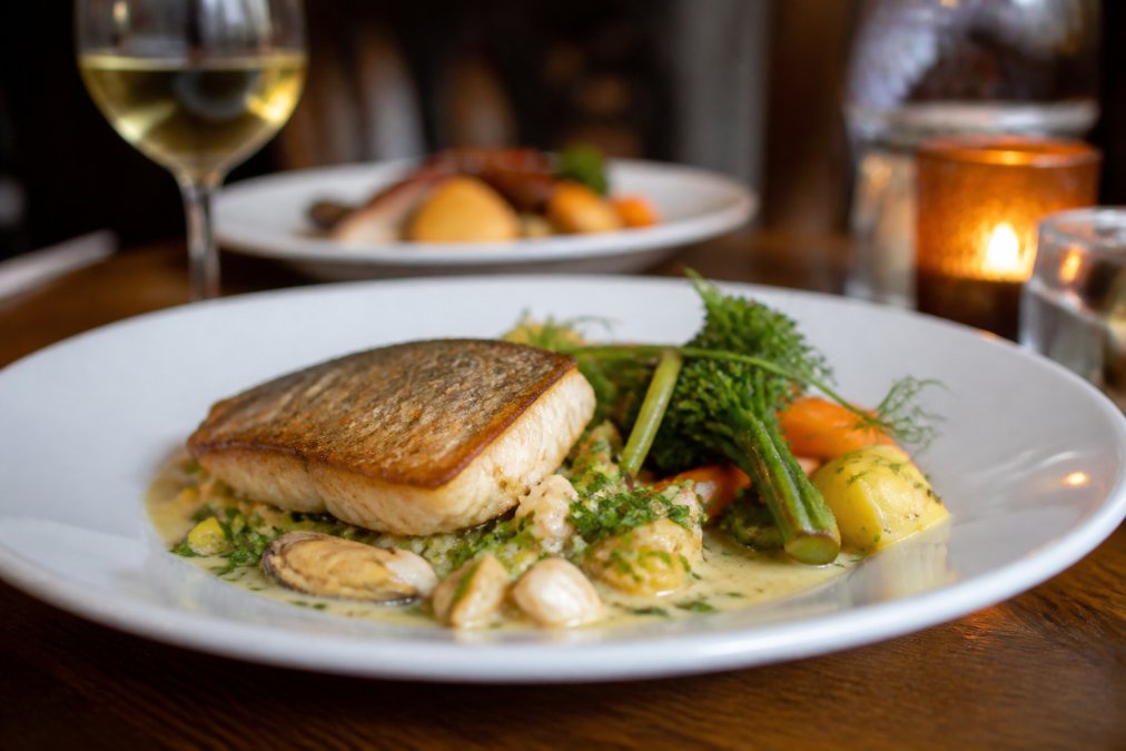 Close-up of a beautifully plated meat and fish dish with fresh seasonal vegetables, herbs, and artisan garnishes on a white plate in a warm restaurant setting
