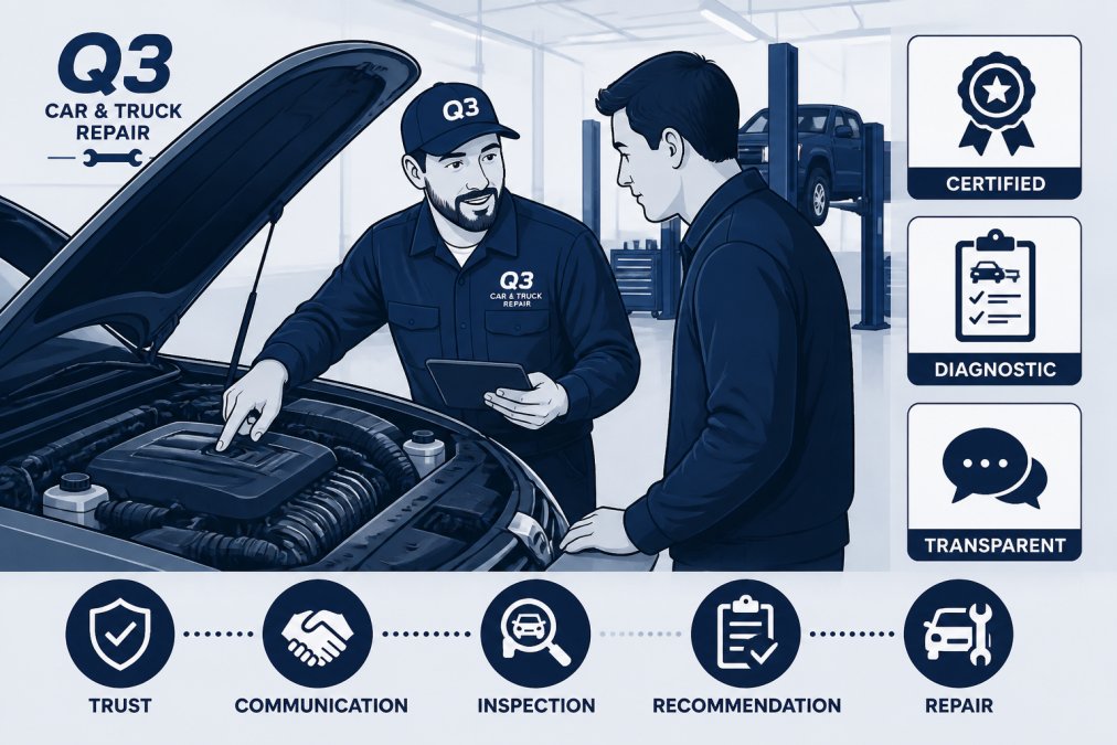 Certified technician in work uniform discussing vehicle diagnostics with customer in well-lit service bay, pointing at engine components while customer observes, showing transparent communication and trust-building interaction