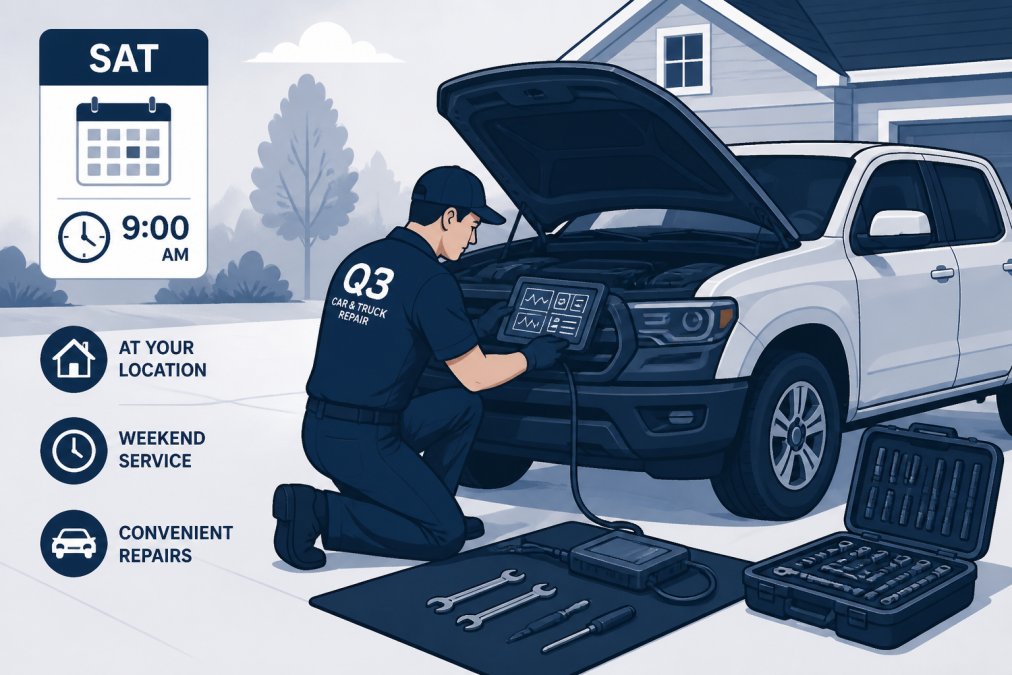 Mobile mechanic in professional uniform working on vehicle in customer's driveway on Saturday morning, with diagnostic equipment and tools visible on ground, natural daylight, showing accessibility and convenience of at-location service