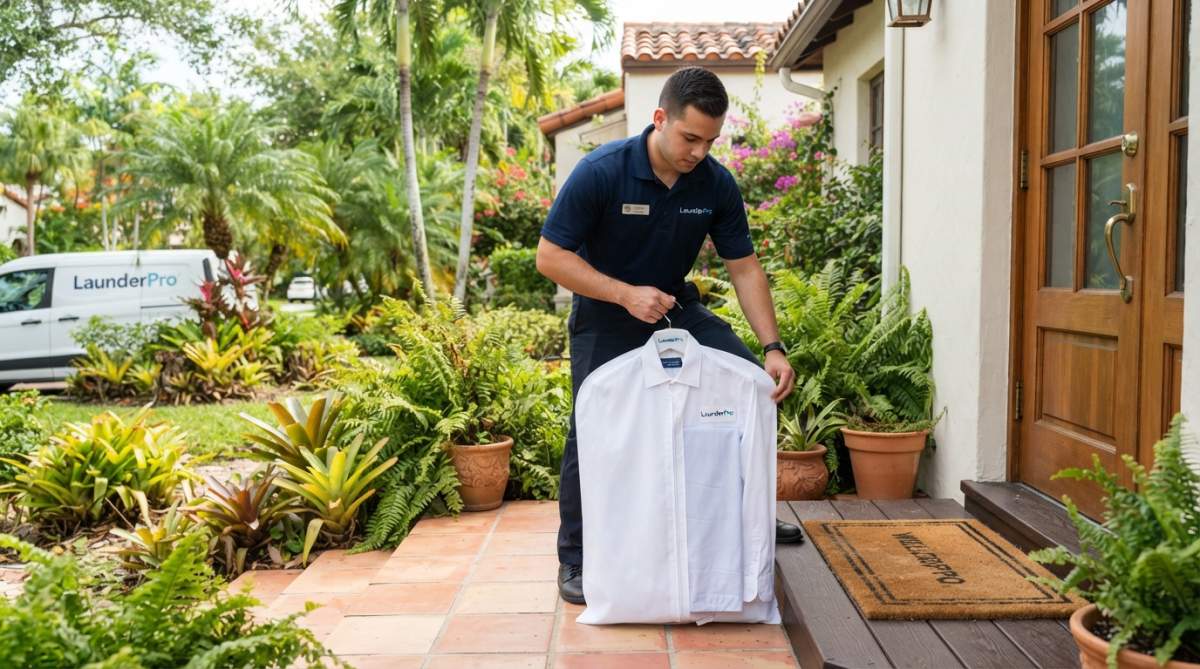 Delivery driver leaving fresh laundry in a garment bag for local Miami laundry pickup options at a home.