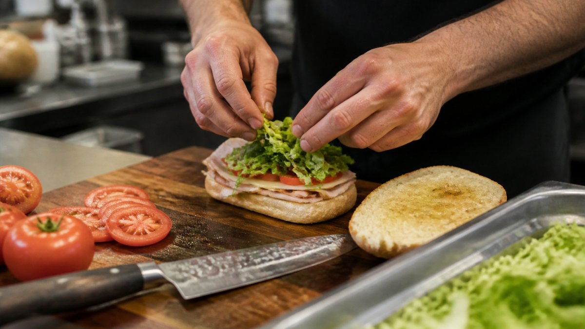 Hands assembling a fresh sandwich in a mom and pop restaurant kitchen with sliced vegetables on a wood board