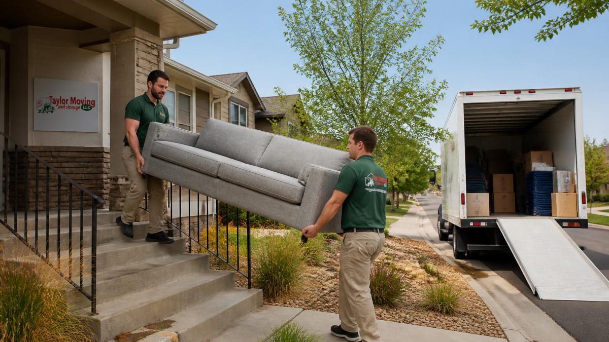 Local movers in branded shirts carrying a sofa down the steps of a Longmont home with a moving truck nearby.
