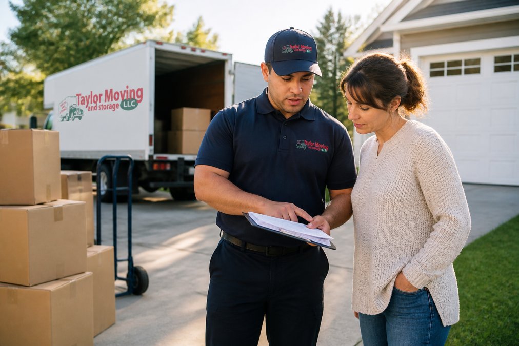 Professional mover reviewing a moving company hourly estimate with a homeowner in a sunny residential driveway.