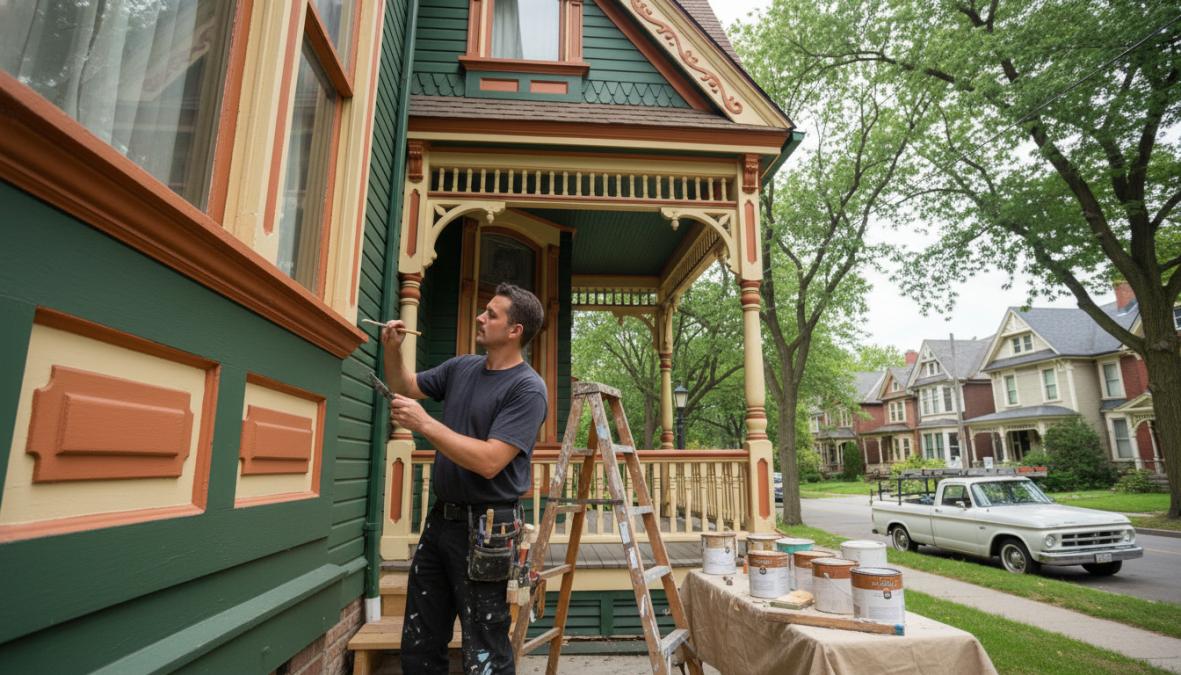 A professional painter in protective work gear carefully scraping weathered paint from the ornate wooden trim of a Victorian-era home in Toronto, with detailed gingerbread fretwork visible in warm afternoon sunlight