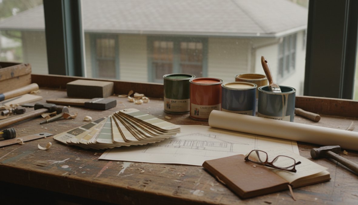 A homeowner and a professional painter standing outside a heritage Craftsman bungalow, reviewing a large fan deck of historic paint color swatches together in bright natural daylight, with original wood siding visible behind them