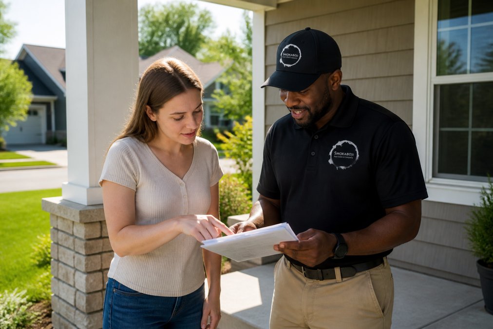 Homeowner speaking with pest control professional on front porch, reviewing treatment plan paperwork and discussing service options with property visible in background