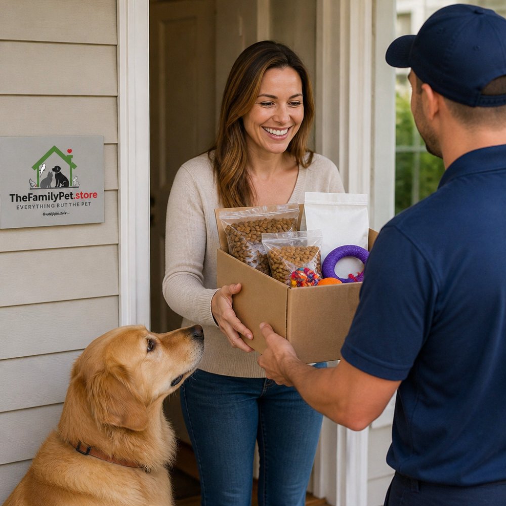 Smiling pet owner receiving a box of supplies from a delivery driver while their golden retriever watches