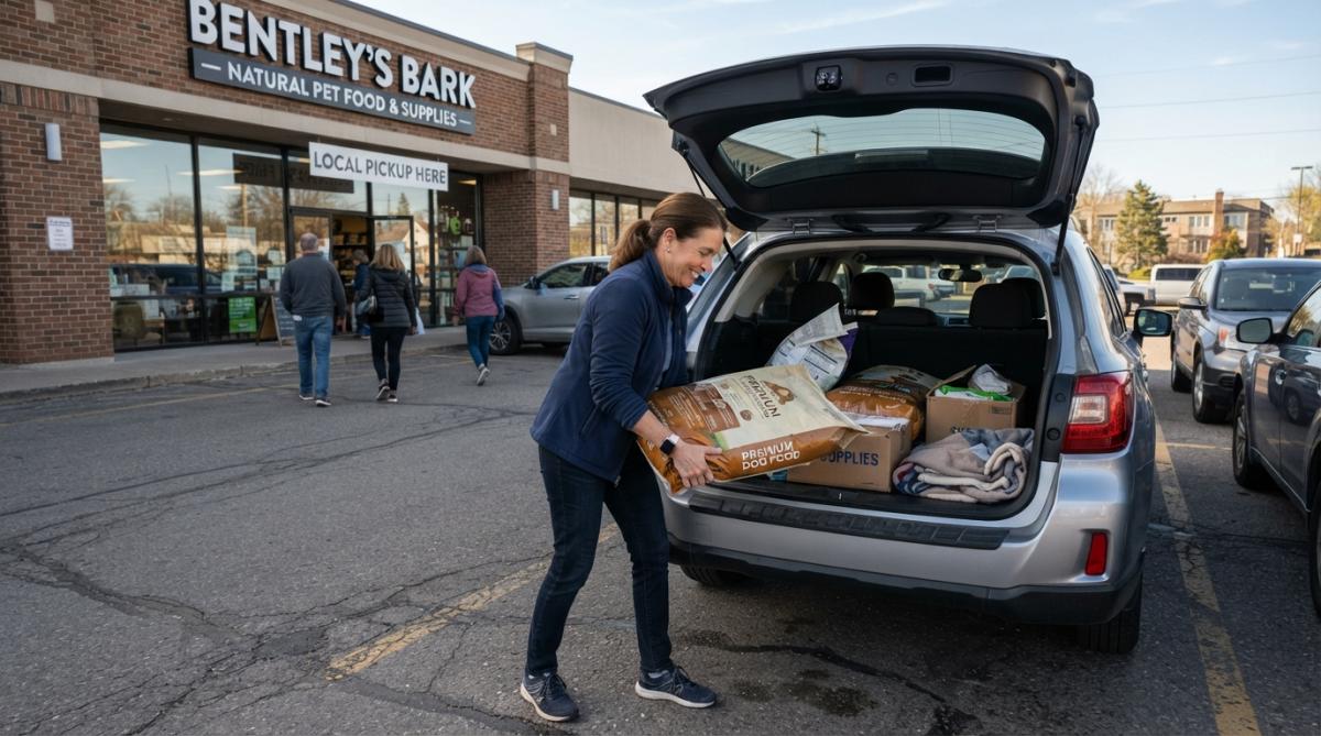 Pet owner loading bags of pet food and supplies into a car trunk at a local pet store parking lot on a sunny afternoon, showing the practical reality of in-store pickup logistics